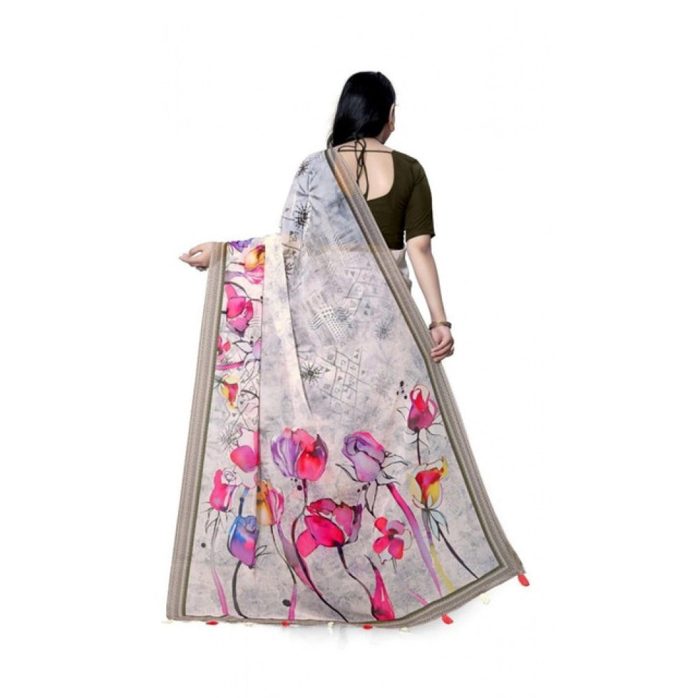 Generic Women's Georgette Floral Printed Saree With Unstitched Blouse 5.5Mtr (Beige)