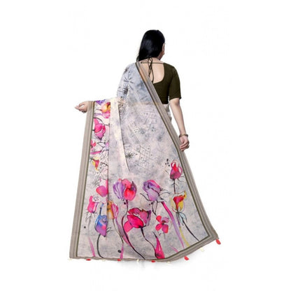 Generic Women's Georgette Floral Printed Saree With Unstitched Blouse 5.5Mtr (Beige)