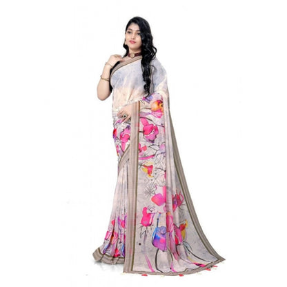 Generic Women's Georgette Floral Printed Saree With Unstitched Blouse 5.5Mtr (Beige)