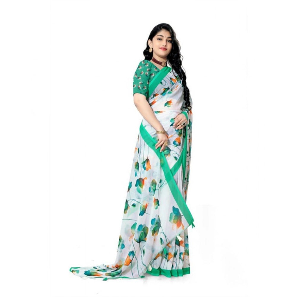 Generic Women's Georgette Floral Printed Saree With Unstitched Blouse 5.5Mtr (Green)