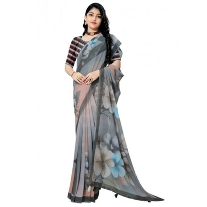 Generic Women's Georgette Floral Printed Saree With Unstitched Blouse 5.5Mtr (Grey)