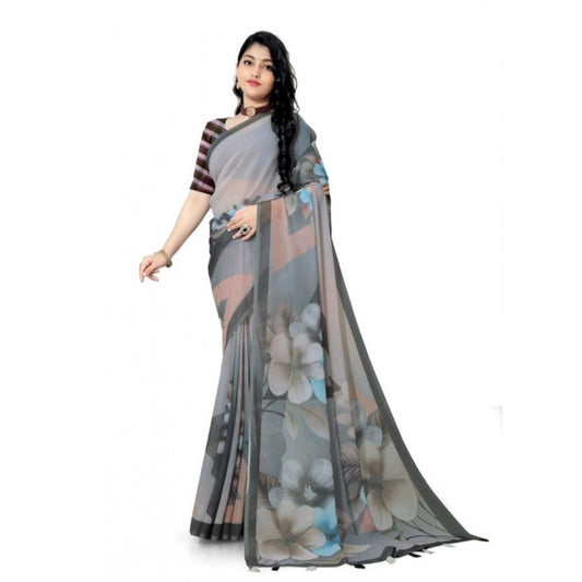Generic Women's Georgette Floral Printed Saree With Unstitched Blouse 5.5Mtr (Grey)