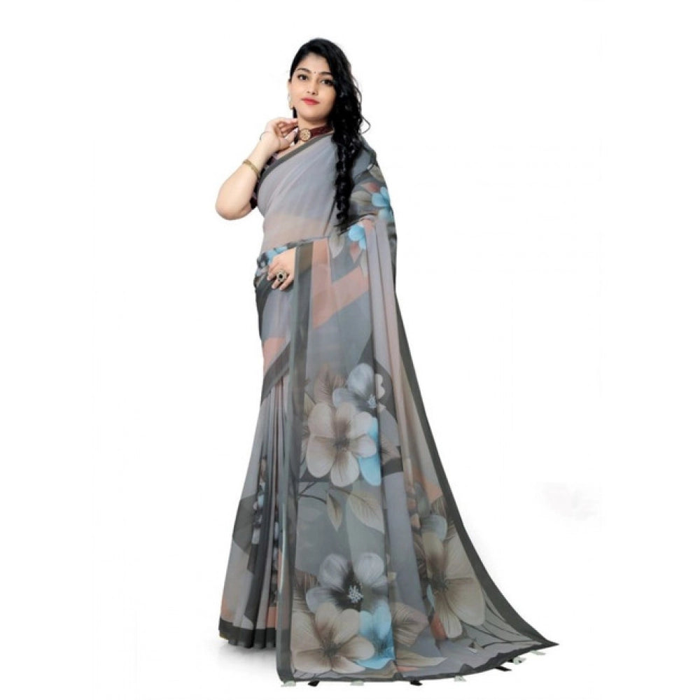 Generic Women's Georgette Floral Printed Saree With Unstitched Blouse 5.5Mtr (Grey)