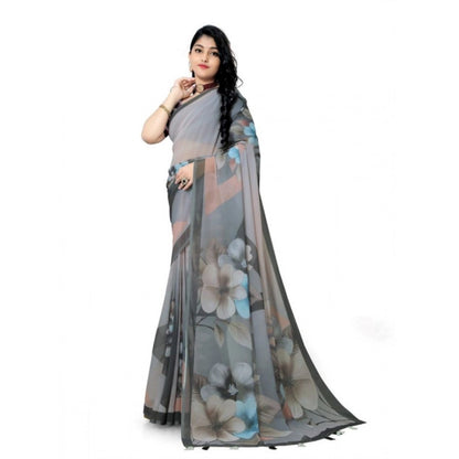 Generic Women's Georgette Floral Printed Saree With Unstitched Blouse 5.5Mtr (Grey)