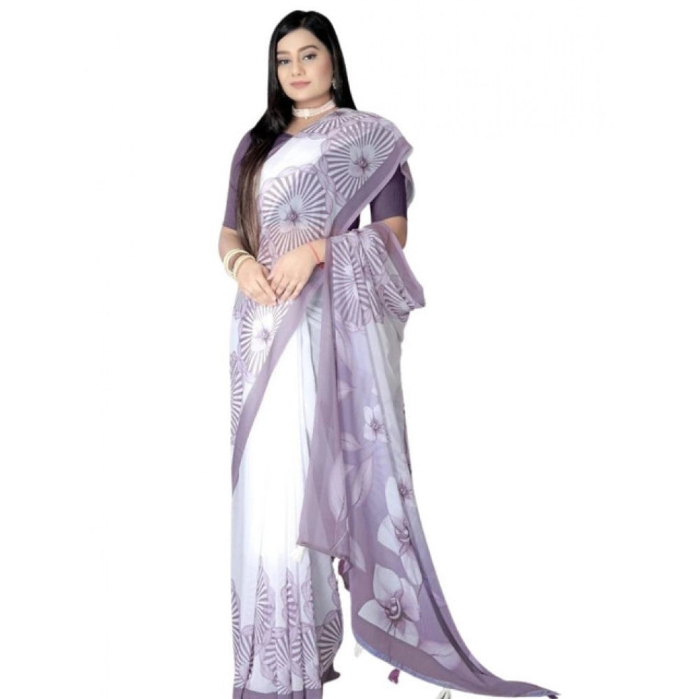 Generic Women's Georgette Floral Printed Saree With Unstitched Blouse 5.5Mtr (Lavender)