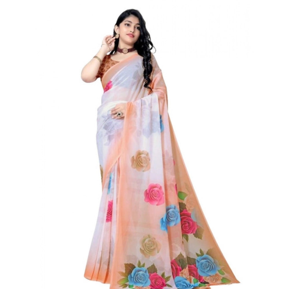 Generic Women's Georgette Floral Printed Saree With Unstitched Blouse 5.5Mtr (Orange)