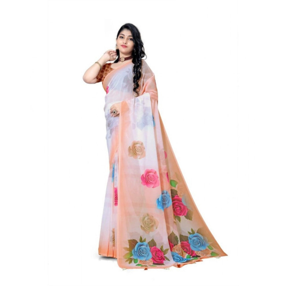 Generic Women's Georgette Floral Printed Saree With Unstitched Blouse 5.5Mtr (Orange)