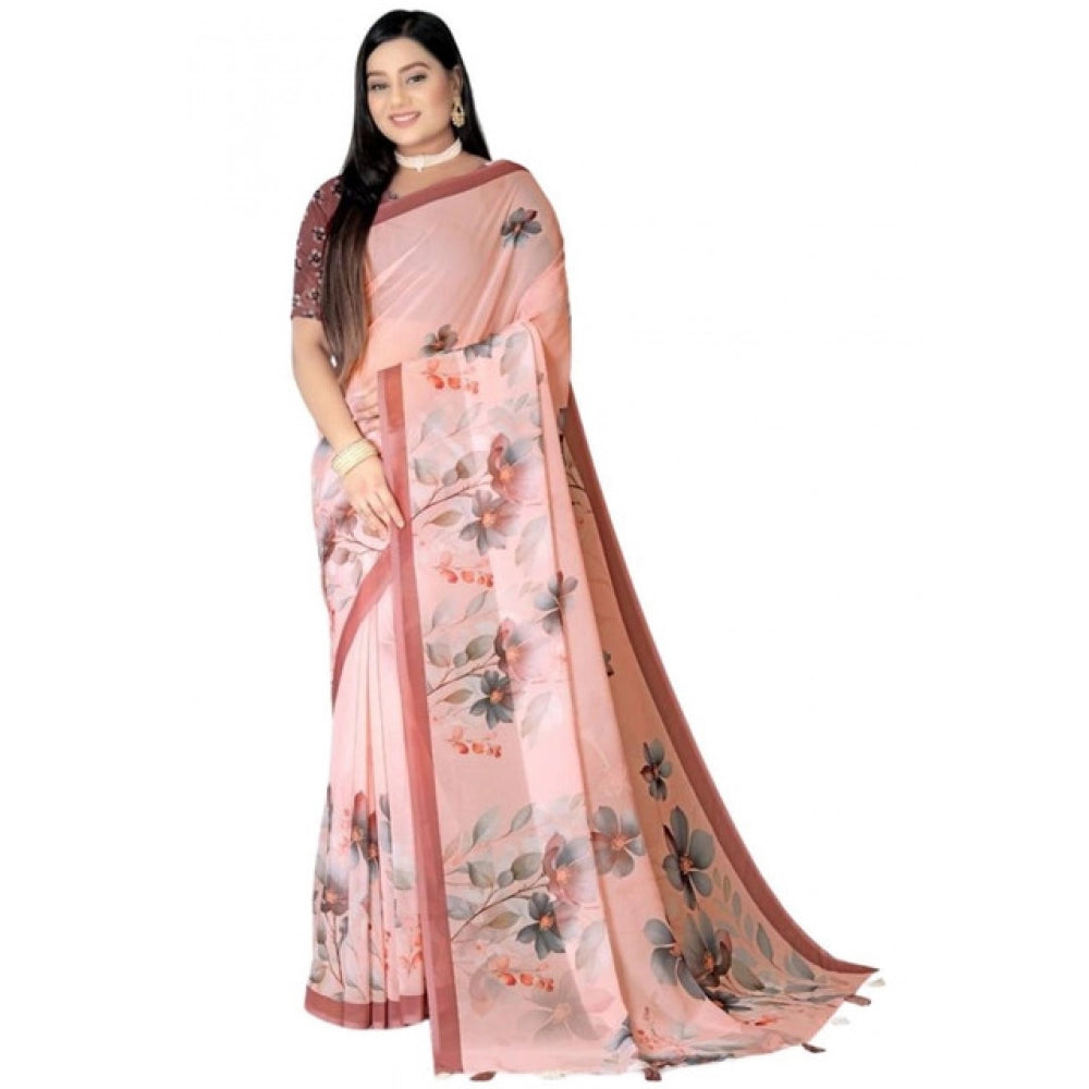 Generic Women's Georgette Floral Printed Saree With Unstitched Blouse 5.5Mtr (Peach)