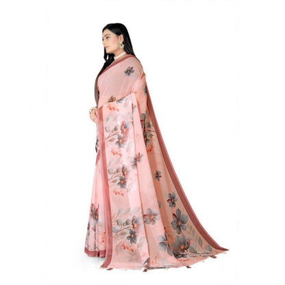 Generic Women's Georgette Floral Printed Saree With Unstitched Blouse 5.5Mtr (Peach)
