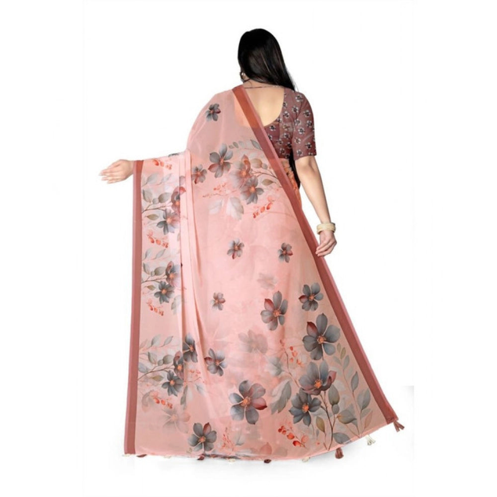 Generic Women's Georgette Floral Printed Saree With Unstitched Blouse 5.5Mtr (Peach)