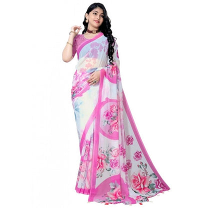 Generic Women's Georgette Floral Printed Saree With Unstitched Blouse 5.5Mtr (Pink)