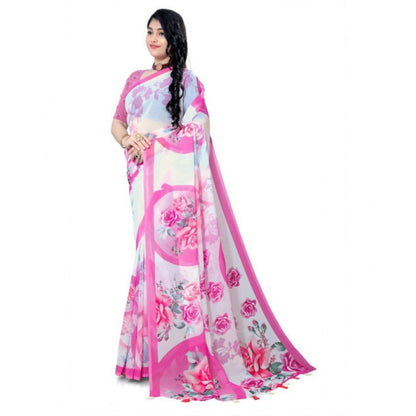Generic Women's Georgette Floral Printed Saree With Unstitched Blouse 5.5Mtr (Pink)