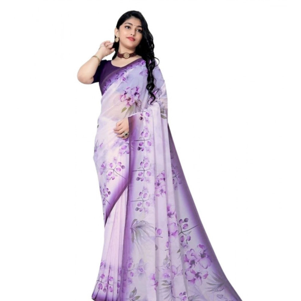 Generic Women's Georgette Floral Printed Saree With Unstitched Blouse 5.5Mtr (Purple)
