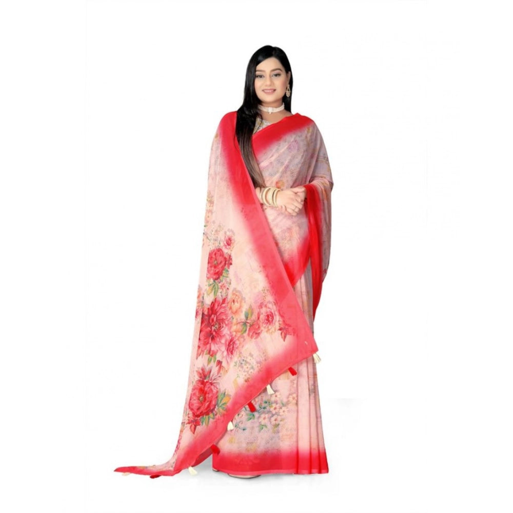 Generic Women's Georgette Floral Printed Saree With Unstitched Blouse 5.5Mtr (Red)