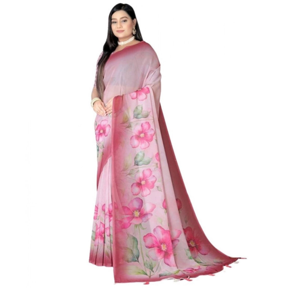 Generic Women's Georgette Floral Printed Saree With Unstitched Blouse 5.5Mtr (Rose Pink)