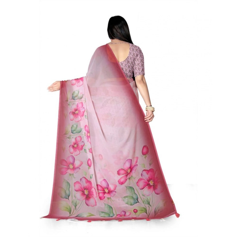 Generic Women's Georgette Floral Printed Saree With Unstitched Blouse 5.5Mtr (Rose Pink)