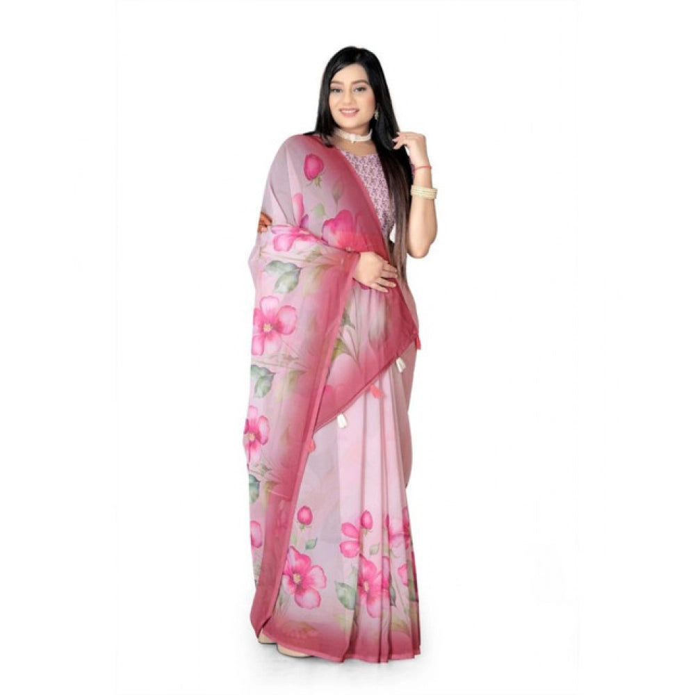 Generic Women's Georgette Floral Printed Saree With Unstitched Blouse 5.5Mtr (Rose Pink)