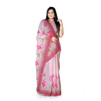 Generic Women's Georgette Floral Printed Saree With Unstitched Blouse 5.5Mtr (Rose Pink)