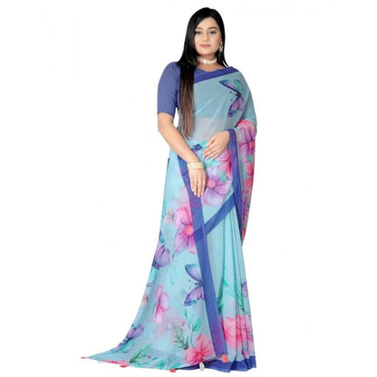 Generic Women's Georgette Floral Printed Saree With Unstitched Blouse 5.5Mtr (Blue)