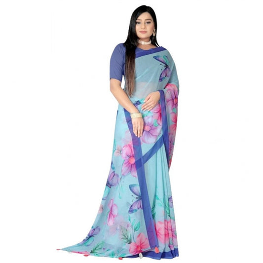 Generic Women's Georgette Floral Printed Saree With Unstitched Blouse 5.5Mtr (Blue)