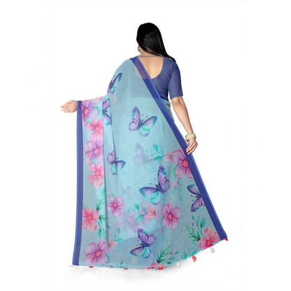 Generic Women's Georgette Floral Printed Saree With Unstitched Blouse 5.5Mtr (Blue)