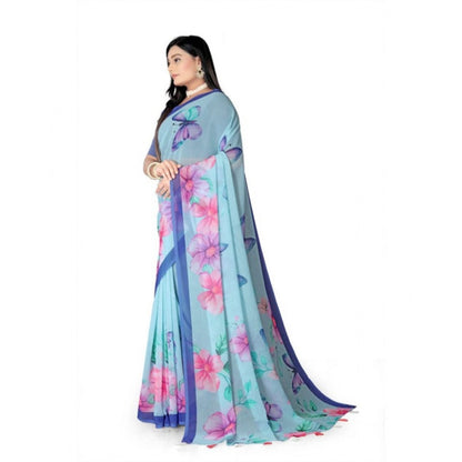 Generic Women's Georgette Floral Printed Saree With Unstitched Blouse 5.5Mtr (Blue)