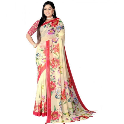 Generic Women's Georgette Floral Printed Saree With Unstitched Blouse 5.5Mtr (Yellow)