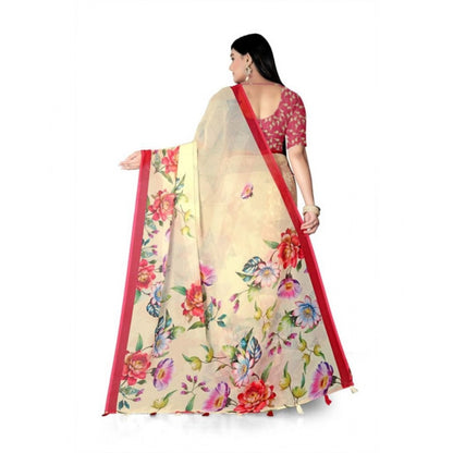 Generic Women's Georgette Floral Printed Saree With Unstitched Blouse 5.5Mtr (Yellow)