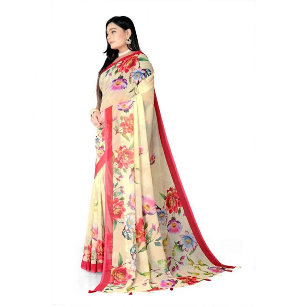 Generic Women's Georgette Floral Printed Saree With Unstitched Blouse 5.5Mtr (Yellow)