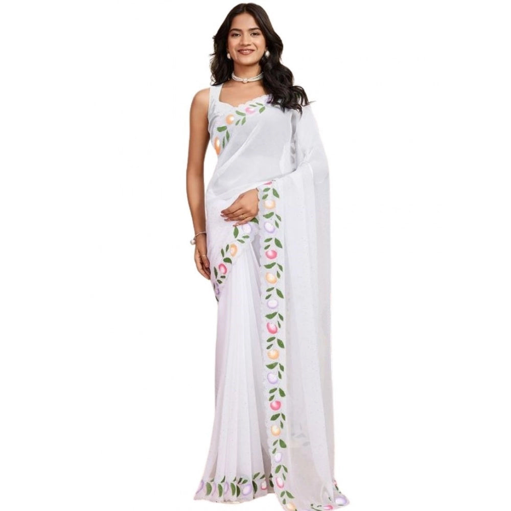 Generic Women's Georgette Printed Saree With Unstitched Blouse 5.5Mtr (White)