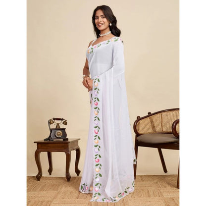 Generic Women's Georgette Printed Saree With Unstitched Blouse 5.5Mtr (White)