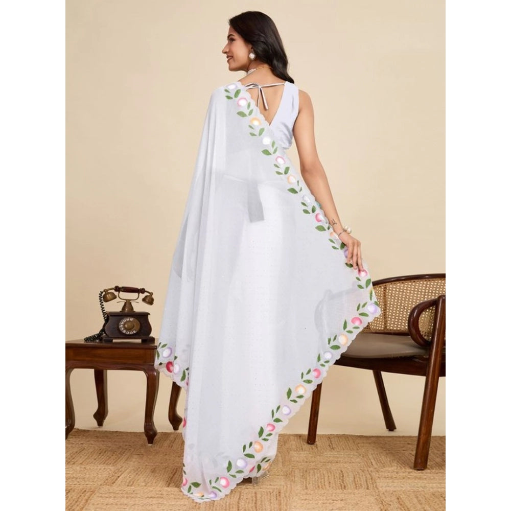 Generic Women's Georgette Printed Saree With Unstitched Blouse 5.5Mtr (White)