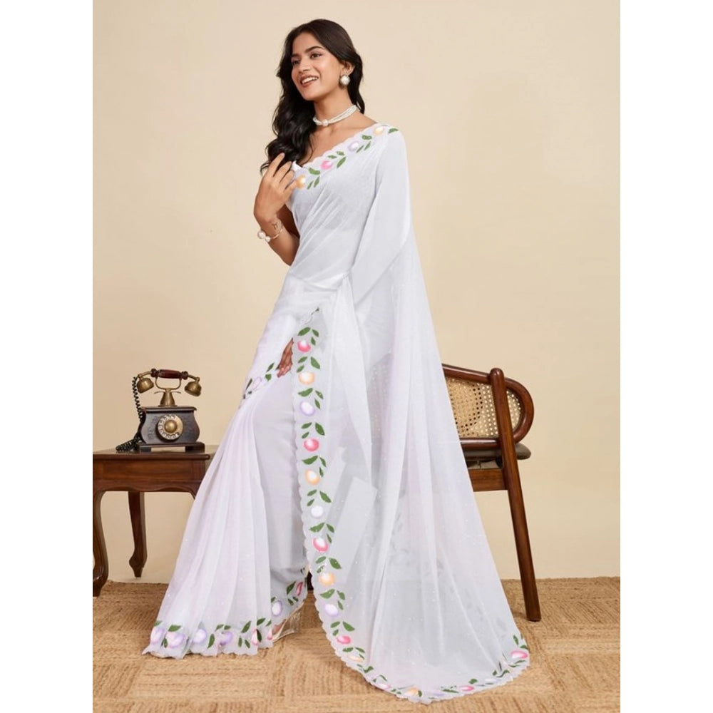 Generic Women's Georgette Printed Saree With Unstitched Blouse 5.5Mtr (White)