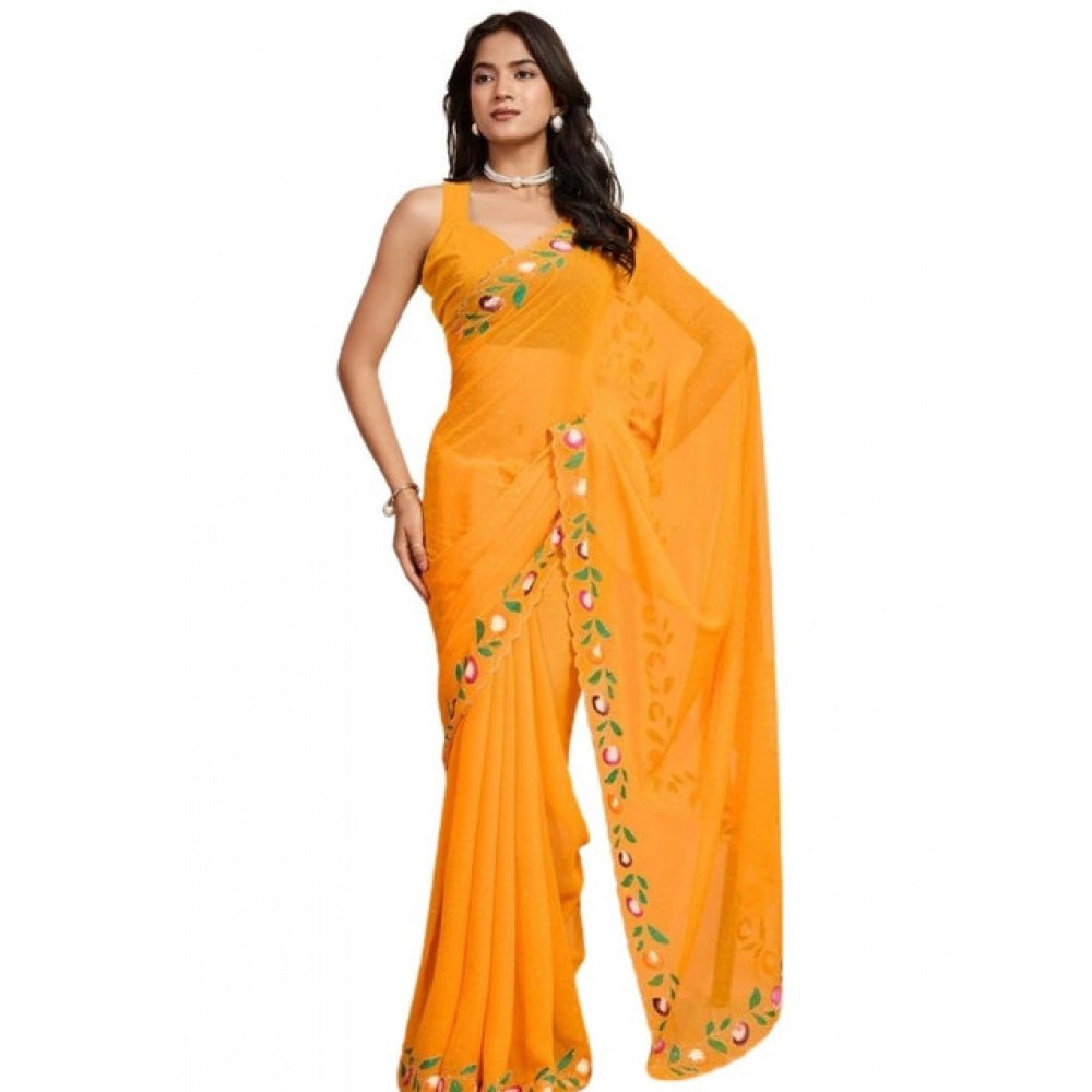 Generic Women's Georgette Printed Saree With Unstitched Blouse 5.5Mtr (Yellow)