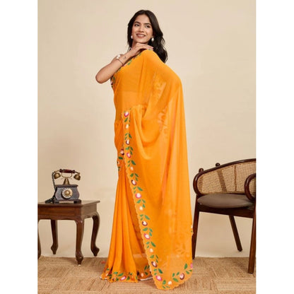 Generic Women's Georgette Printed Saree With Unstitched Blouse 5.5Mtr (Yellow)