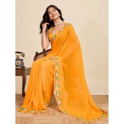 Generic Women's Georgette Printed Saree With Unstitched Blouse 5.5Mtr (Yellow)