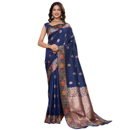 Generic Women's Faux_Banarasi_Silk Woven Saree With Unstitched Blouse 5.5Mtr (Navy_Blue)