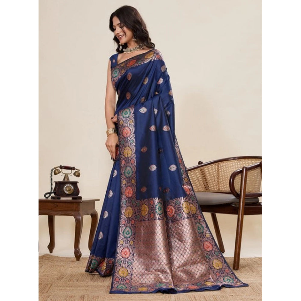 Generic Women's Faux_Banarasi_Silk Woven Saree With Unstitched Blouse 5.5Mtr (Navy_Blue)