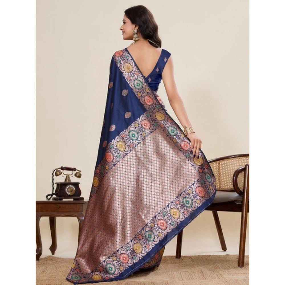 Generic Women's Faux_Banarasi_Silk Woven Saree With Unstitched Blouse 5.5Mtr (Navy_Blue)