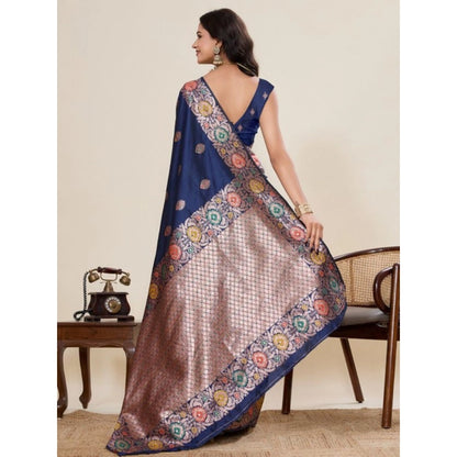 Generic Women's Faux_Banarasi_Silk Woven Saree With Unstitched Blouse 5.5Mtr (Navy_Blue)