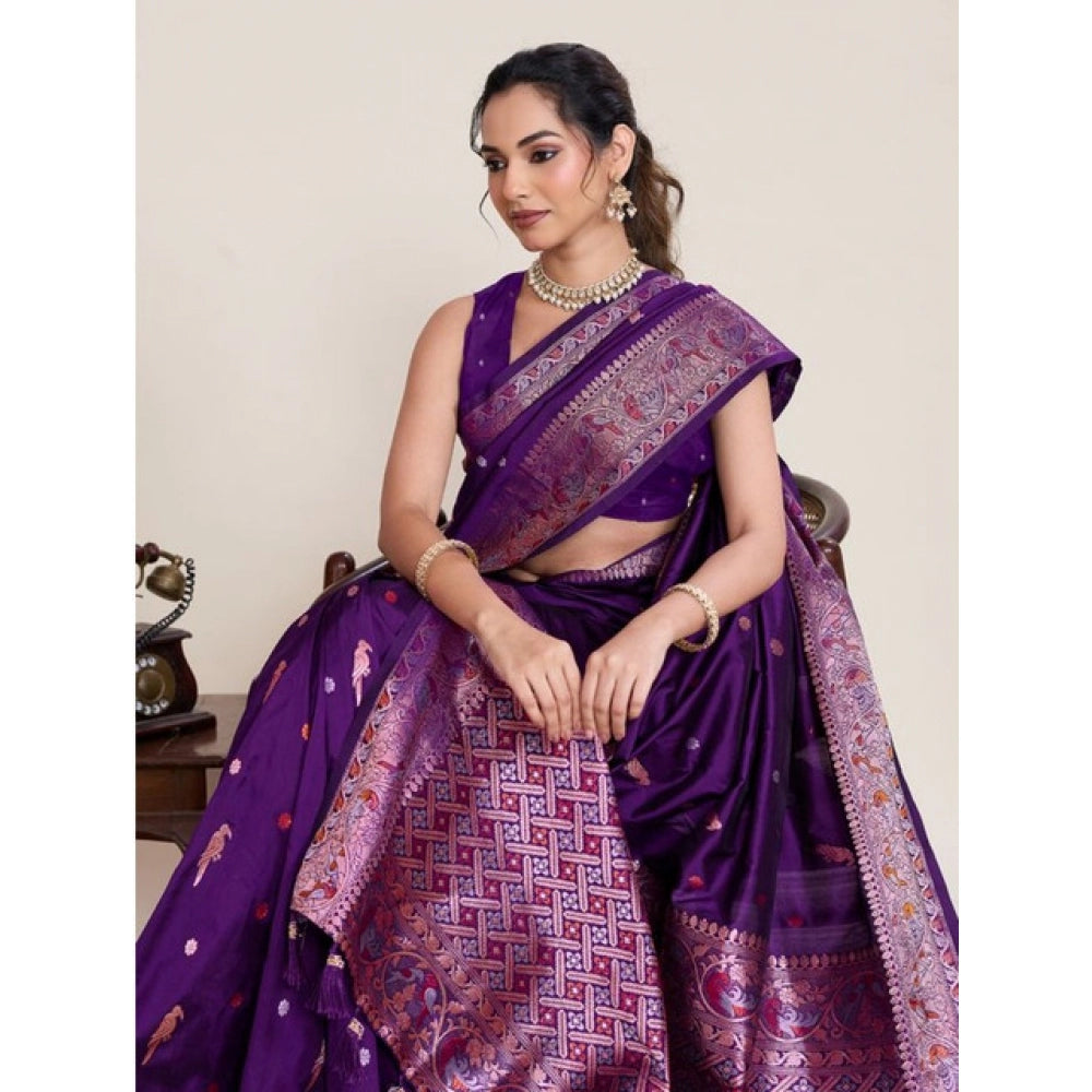 Generic Women's Jacquard Woven Saree With Unstitched Blouse 5.5Mtr (Purple)