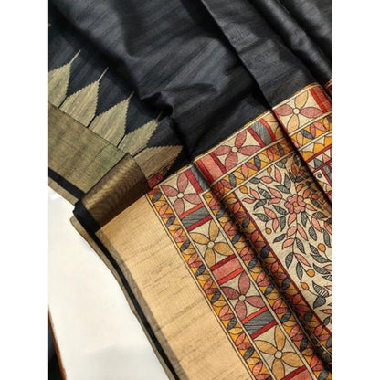 Generic Women's Tussar Silk Madhubani Saree With Unstitched Blouse 5.5Mtr (Black)