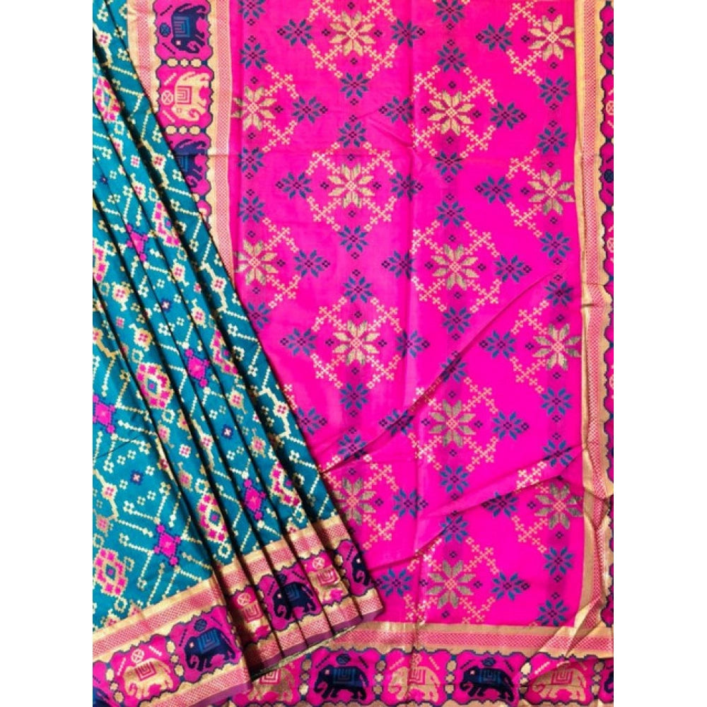 Generic Women's Patola Silk Meena And Zari Woven Saree With Unstitched Blouse 5.5Mtr (Blue)