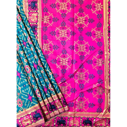 Generic Women's Patola Silk Meena And Zari Woven Saree With Unstitched Blouse 5.5Mtr (Blue)
