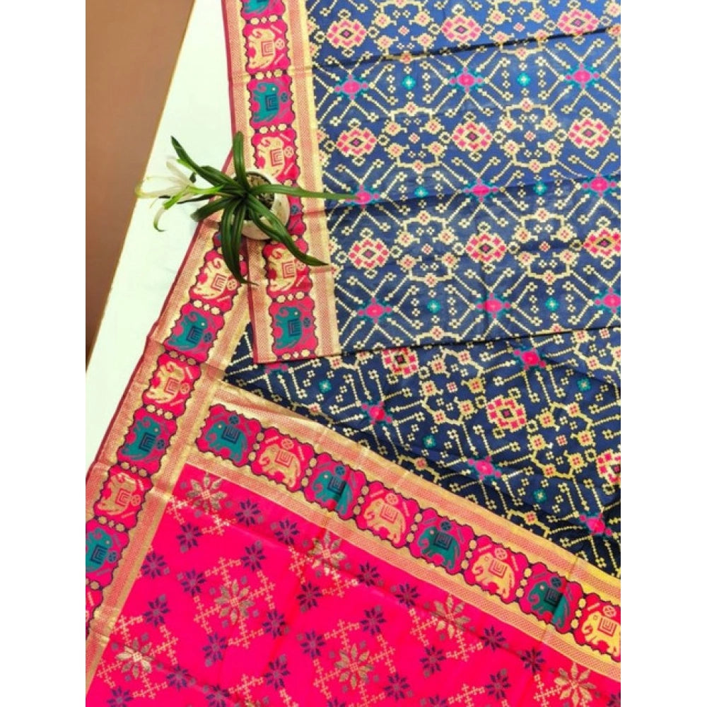Generic Women's Patola Silk Meena And Zari Woven Saree With Unstitched Blouse 5.5Mtr (Navy)