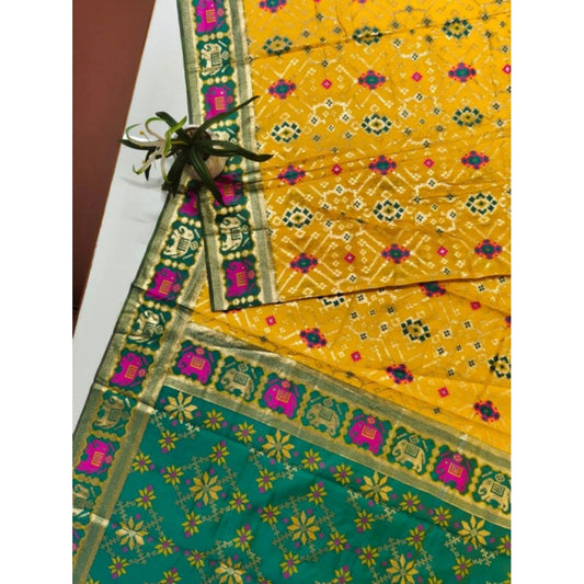 Generic Women's Patola Silk Meena And Zari Woven Saree With Unstitched Blouse 5.5Mtr (Yellow)