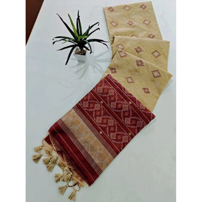 Generic Women's Raw Silk Ikkat Saree With Unstitched Blouse 5.5Mtr (Beige)