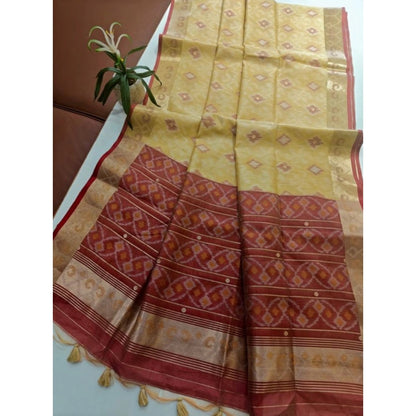 Generic Women's Raw Silk Ikkat Saree With Unstitched Blouse 5.5Mtr (Beige)