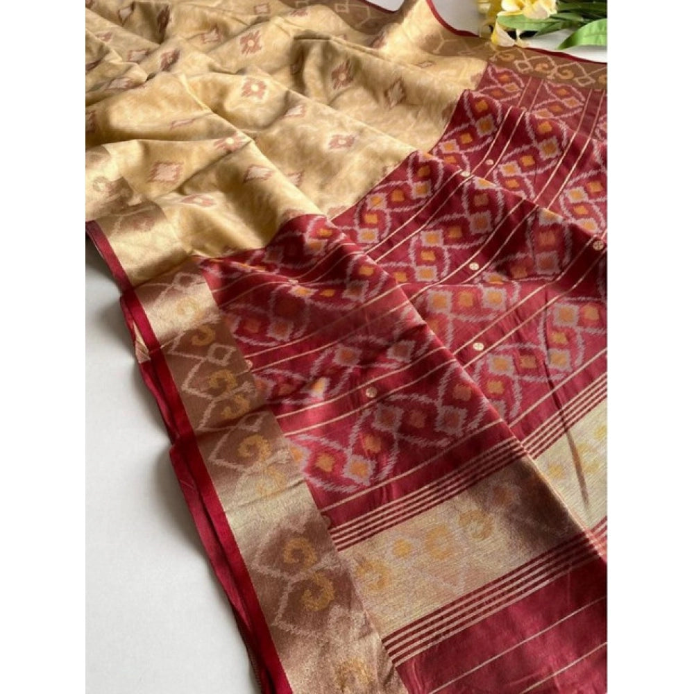 Generic Women's Raw Silk Ikkat Saree With Unstitched Blouse 5.5Mtr (Beige)