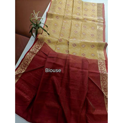 Generic Women's Raw Silk Ikkat Saree With Unstitched Blouse 5.5Mtr (Beige)